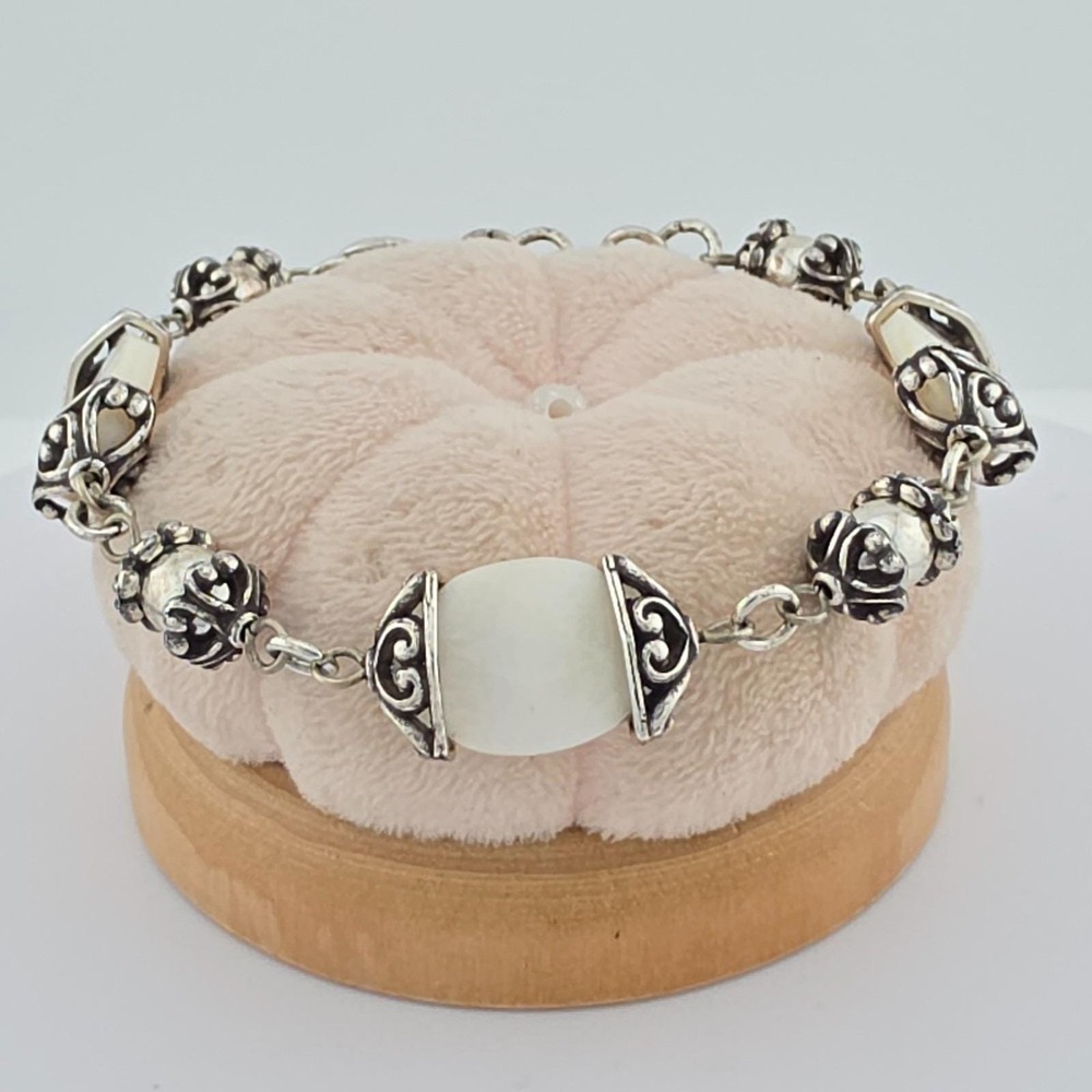 BRIGHTON Mother-Of-Pearl Bracelet Ornate Heart Filigree Silver Plate 7.75"